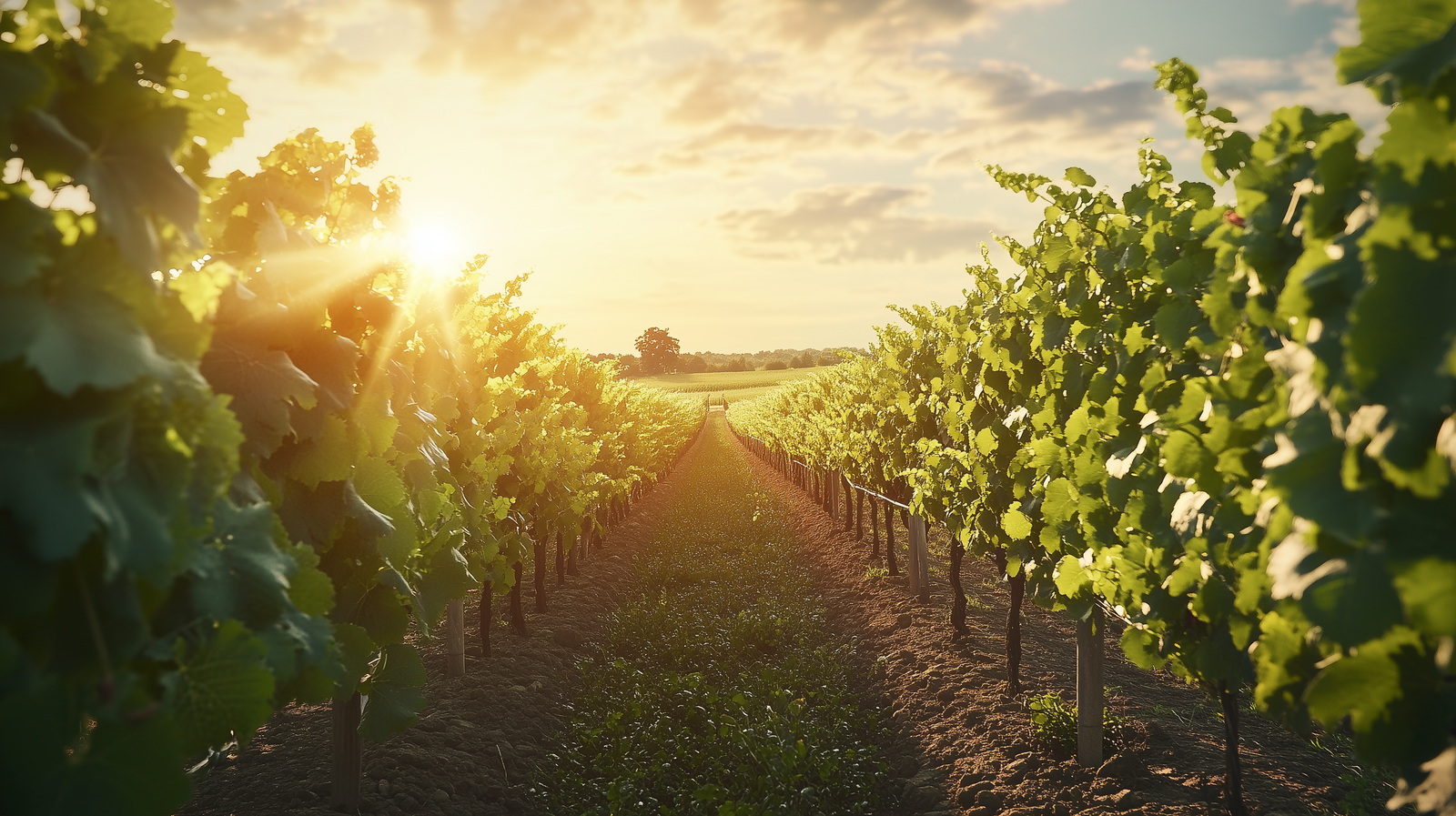 Rows of grapevines in a vineyard at sunset, with sunlight streaming through the leaves.