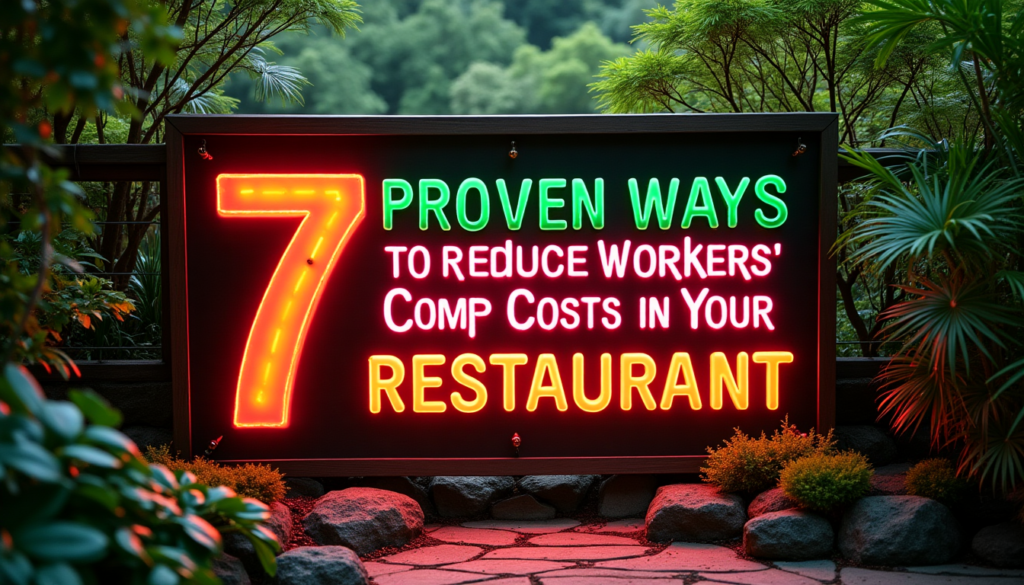 Neon sign in a restaurant setting advertises "7 Proven Ways To Reduce Workers' Comp Costs In Your Restaurant," highlighting key strategies for managing restaurant insurance expenses.