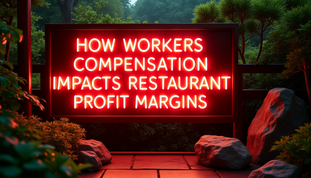 Illuminated red neon sign reading 'How Workers Compensation Impacts Restaurant Profit Margins' placed outdoors among lush greenery and rocks, emphasizing financial and business implications for restaurant owners.