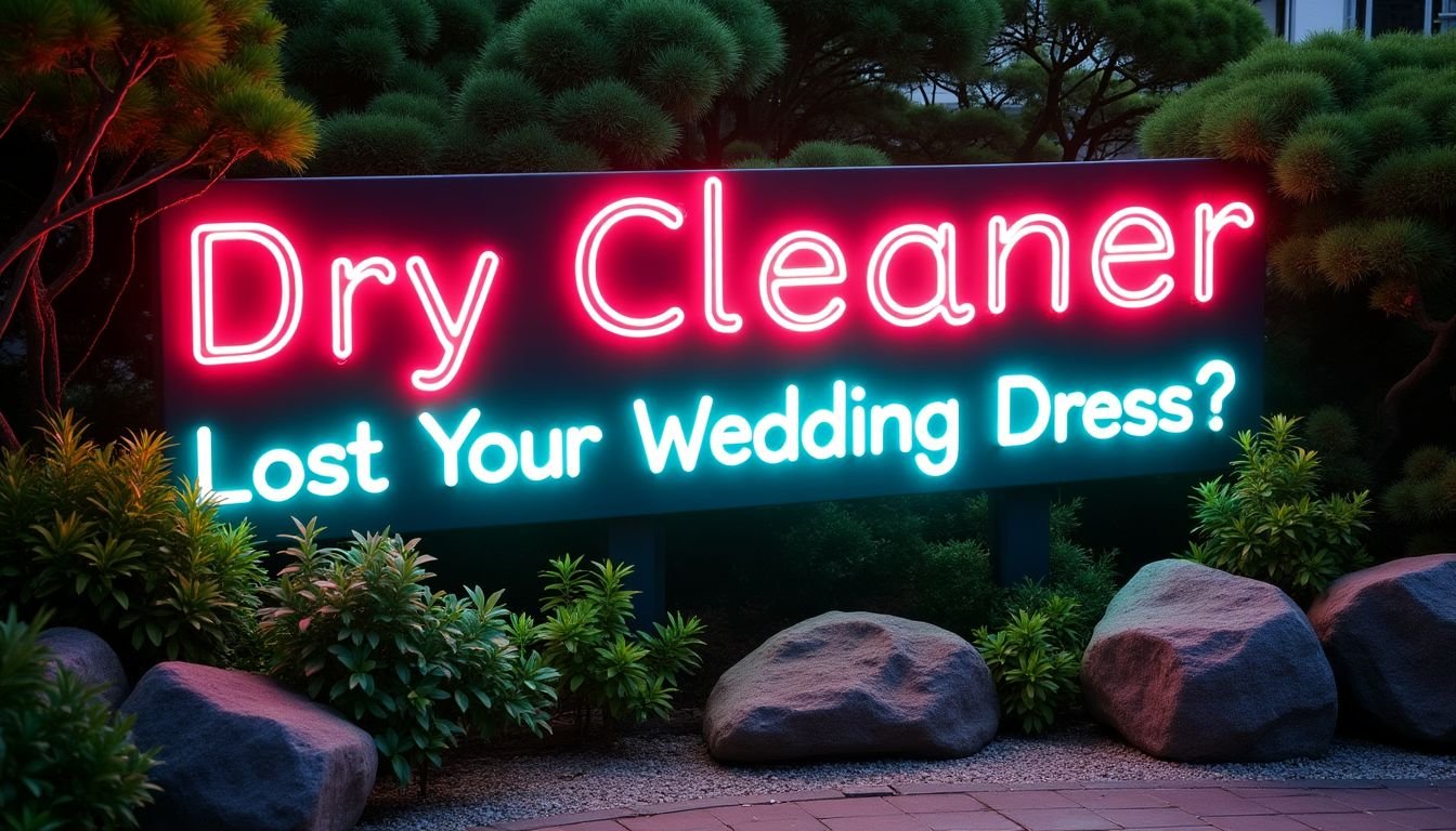 Neon sign outside a dry cleaning business reading 'Dry Cleaner Lost Your Wedding Dress?' with bright pink and blue illuminated text against a background of ornamental pine trees and decorative landscape rocks