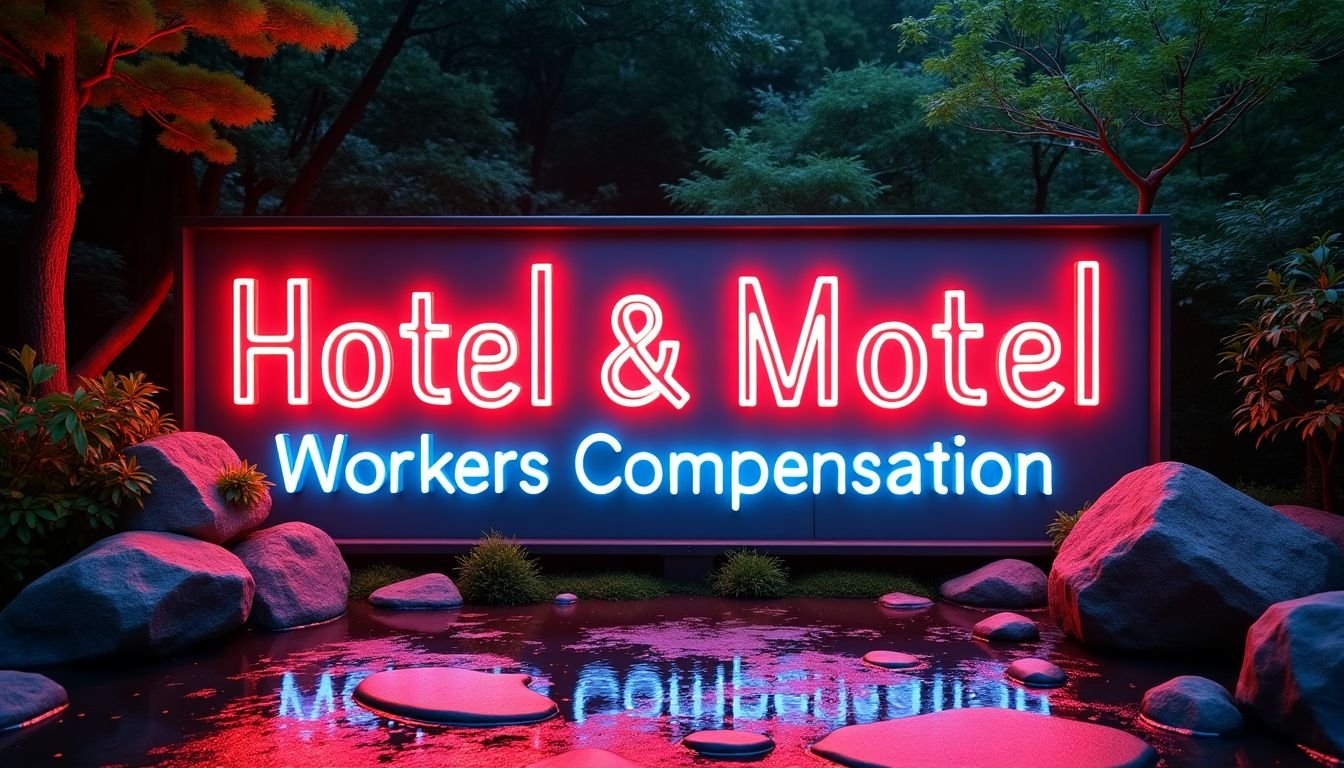 Neon sign reading ‘Hotel & Motel Workers Compensation’ glowing in red and blue, reflecting on water with a scenic background of trees and rocks. Represents insurance coverage for hospitality workers.