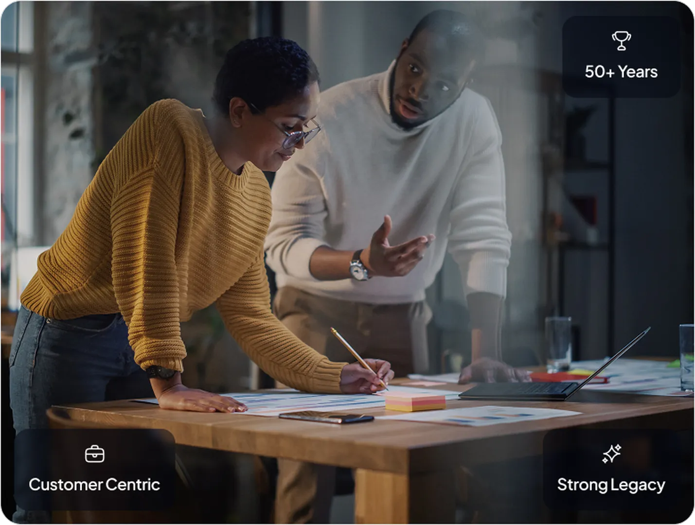 Two professionals, a man and a woman, review large strategy documents on a wooden table in a dimly lit office, with badges for '50+ Years', 'Customer Centric', and 'Strong Legacy'.