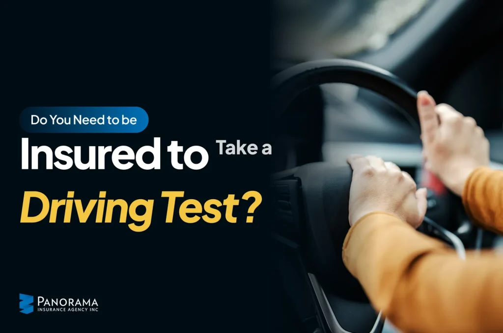 Hands on a steering wheel with the text: “Do You Need to Be Insured to Take a Driving Test?” and the logo.