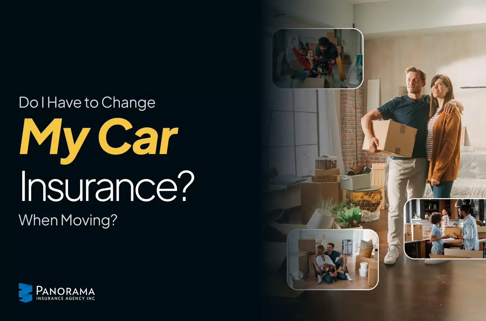 Couple moving into a new home are carrying boxes; with text on the left and the Panorama logo.