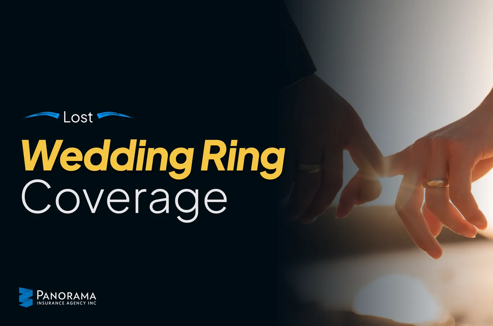 Hands with wedding rings in sunlight, text about lost wedding ring coverage, and the Panorama logo.